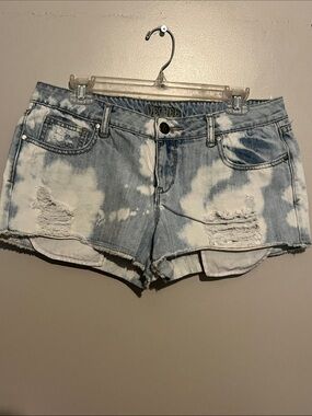 Decree Blue and White Bleached Distressed Denim Shorts
